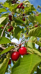 Fresh and ripe cherries hang from a cherry tree in summer