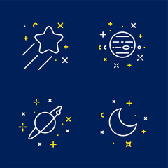 Set of lined icons of sparkling and twinkling space objects isolated on white..