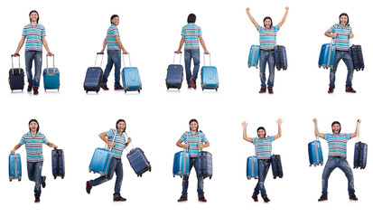Fototapeta na wymiar Young man travelling with suitcases isolated on white