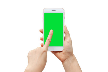 Woman hand shows mobile smartphone with green screen in vertical position isolated on white background.