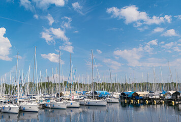 Fototapeta premium Sailing boats at harbour with clear blue sky in summer, Lake Constance, Germany