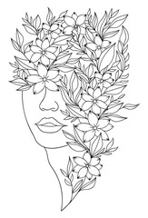 Illustration. Portrait of a young girl in flowers. Coloring book. Antistress for adults and children. Tattoo. The work was done in manual mode. Black and white.