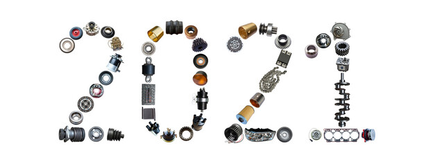 Naklejka premium Number 2021 written with truck, tractors and car spare parts.New year concept for repair shop, workshop, diy isolated on white background. Banner.