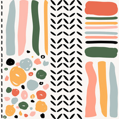 Seamless abstract pattern from stripes, geometric shapes. Organic background. Hand drawn various geometric shape, doodle objects. Abstract contemporary modern trendy vector illustration. Stamp texture