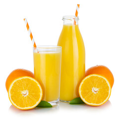 Obraz na płótnie Canvas Fresh orange fruit juice drink smoothie oranges glass and bottle isolated