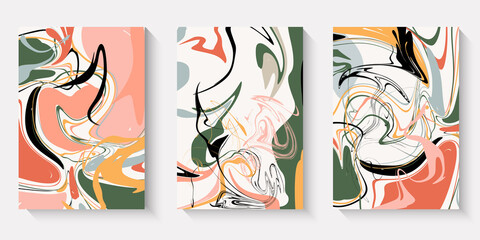 Modern stylish templates with marble pattern. Brightly colored liquid paint. Contemporary collage for wedding invitation, flyer, business card, poster, magazine cover, packaging, branding, web design