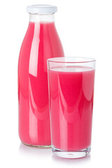 Fruit juice drink strawberry smoothie in a bottle and glass isolated on white