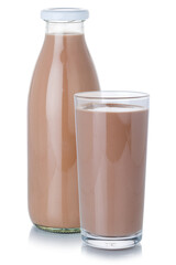 Chocolate milk shake milkshake glass and bottle isolated
