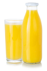 Fruit juice orange smoothie drink bottle and glass isolated on white