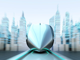 Front view of magnetically levitating train at high speed with motion blur on the background of the towers and skyscrapers.