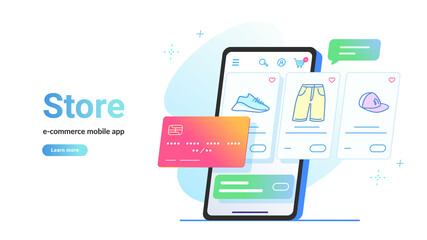 Online store e-commerce mobile app. Flat line vector illustration of smartphone screen online e-store with goods and bank card for payment. Credit card and shop items line icons on white background