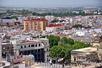 City View from Giralda Spire Bell Tower in Seville Cathedral in Andalusia Spain.