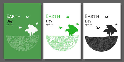 Earth Day Cards Collection. Set of 3 rectangular poster templates gift ecology postcards with the earth, tree, lettering, birds, vector illustration