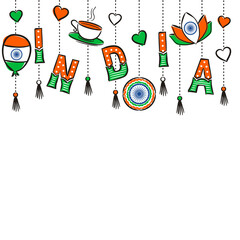 Fototapeta na wymiar Pattern of elements hanging on chains for Indian Independence Day. Background of hand-drawn elements for August 15th in the national colors of India. Vector illustration for a festive