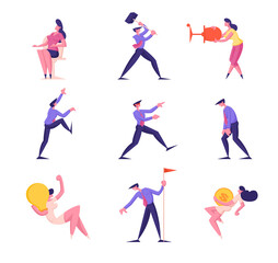 Fototapeta na wymiar Set of Business People Sitting on Chair, Hitting with Hammer, Climbing Up and Walk with Closed Eyes. Male and Female Characters with Light Bulb, Golden Coin and Red Flag. Linear Vector Illustration