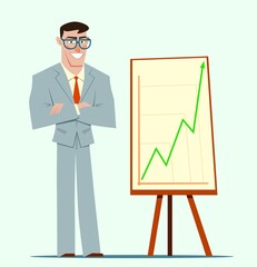 Businessman shows graphics on the flip chart. Cartoon flat style illustration.