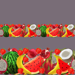 Seamless borders, ribbons, fruit gardening. Hand drawing dragon fruit, coconut, coffee, banana, strawberry on gray background in Gouache. Design for duct tape, adhesive tape, wallpaper, menu