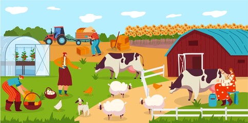 People work on farm, animals cartoon characters, woman milking cow, field harvest vector illustration. Farmers rural lifestyle, agricultural farmland workers, livestock cattle and vegetable greenhouse