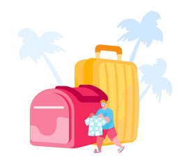Summer Time Vacation, Travel on Tropical Country Resort with Luggage. Tiny Male Character Carry Summer Clothes to Put in Huge Suitcase with Palm Trees Silhouettes around. Cartoon Vector Illustration