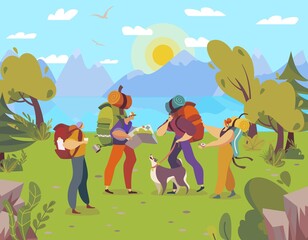 People hiking with backpacks, cartoon characters trekking in nature, outdoor adventure, vector illustration. Group of friends travel with dog, active lifestyle recreation. Route to mountains in summer