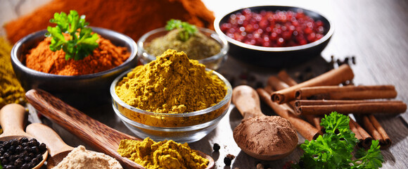 Variety of spices on kitchen table