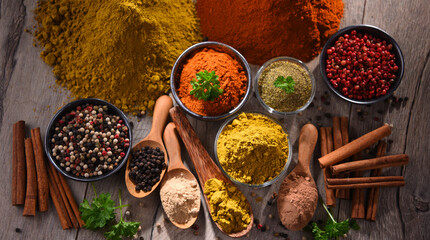 Variety of spices on kitchen table