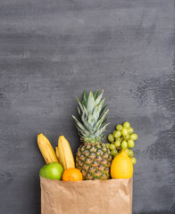 Healthy eating ingredients: fresh vegetables, fruits and superfood. Nutrition, diet, vegan food...