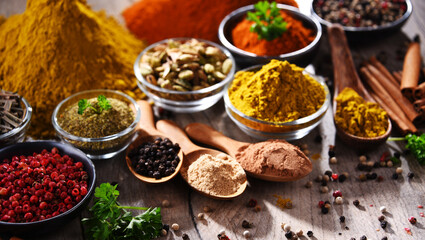 Variety of spices on kitchen table
