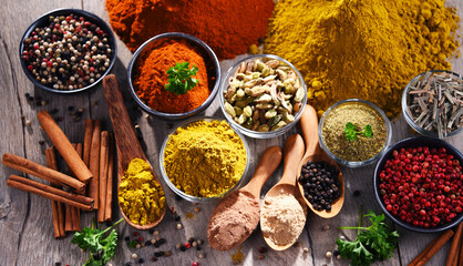 Variety of spices on kitchen table