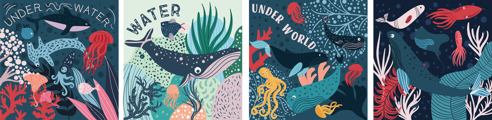 Fototapeta na wymiar Four underwater marine biology posters or card designs with fish, sharks, whale, sea creatures and corals, colored vector illustration