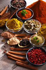 Variety of spices on kitchen table