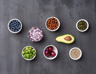 Obraz na płótnie Canvas Healthy eating ingredients: fresh vegetables, fruits and superfood. Nutrition, diet, vegan food concept