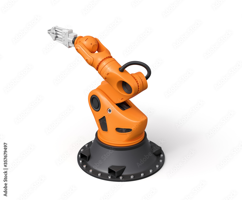 Poster 3d rendering of orange robotic arm isolated on white background