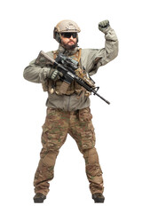 American ranger in military equipment and with a rifle shows a hand gesture on a white background, portrait of a special forces soldier with a weapon