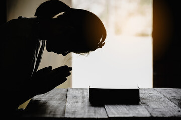 silhouette of teenage girl hand with bible praying in the morning.