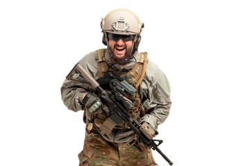 soldier in military equipment and weapons runs forward and screams on a white background, a ranger attacks, portrait of a special forces