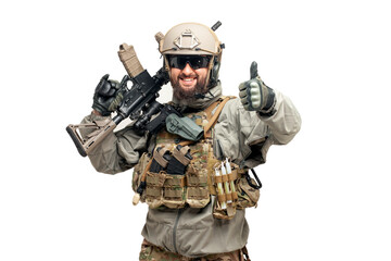 USA soldier in a military suit with a rifle smiles and shows like on a white background, America...