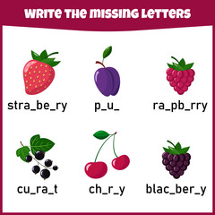 Write the missing letter. Worksheet for education. Fill in the missing letter. Mini-game for children.