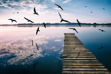 Birds fly over empty footbridge. The lake Selment Wielki, Masuria, Poland. - obrazy, fototapety, plakaty