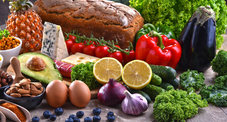 Assorted food products on kitchen table