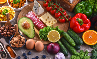 Assorted food products on kitchen table