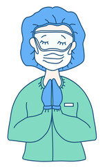 Surgeon in medical green special clothes - mask, glasses, hat, gloves. The doctor folded his arms, closed his eyes and prays. Medicine and saving people from the virus. Vector drawing