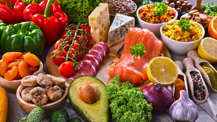 Assorted food products on kitchen table