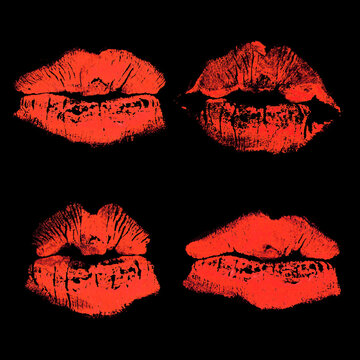 Set Of Imprint Kiss Red Lips Isolated On Black Background