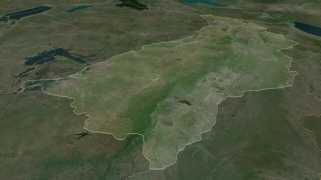 Muchinga, province with its capital, zoomed and extruded on the satellite map of Zambia in the conformal Stereographic projection. Animation 3D