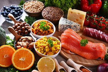 Assorted food products on kitchen table