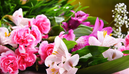 Composition with bouquet of freshly cut flowers