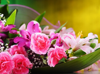 Composition with bouquet of freshly cut flowers