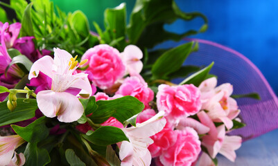 Composition with bouquet of freshly cut flowers