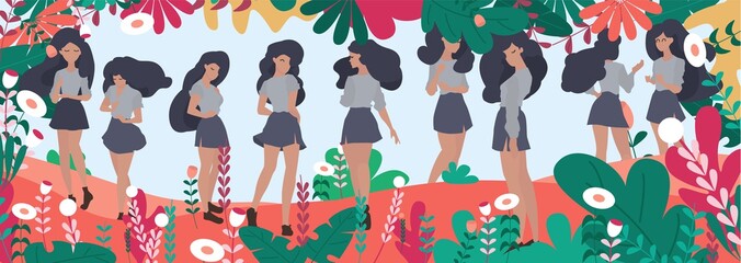 Vector abstract summer background with leaves and flowers illustration card with cool abstract girls . Summer party. Cute Retro posters set.